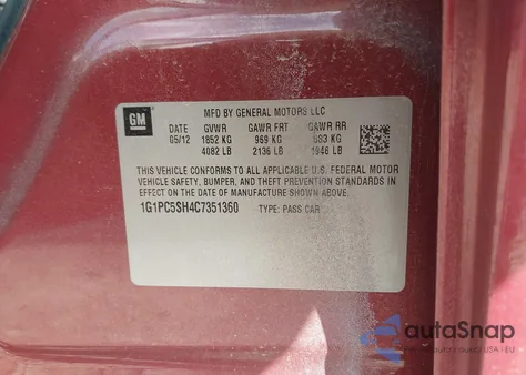 2012 Chevrolet Cruze Ls z USA, uszkodzony, nr VIN 1G1PC5SH4C7351360